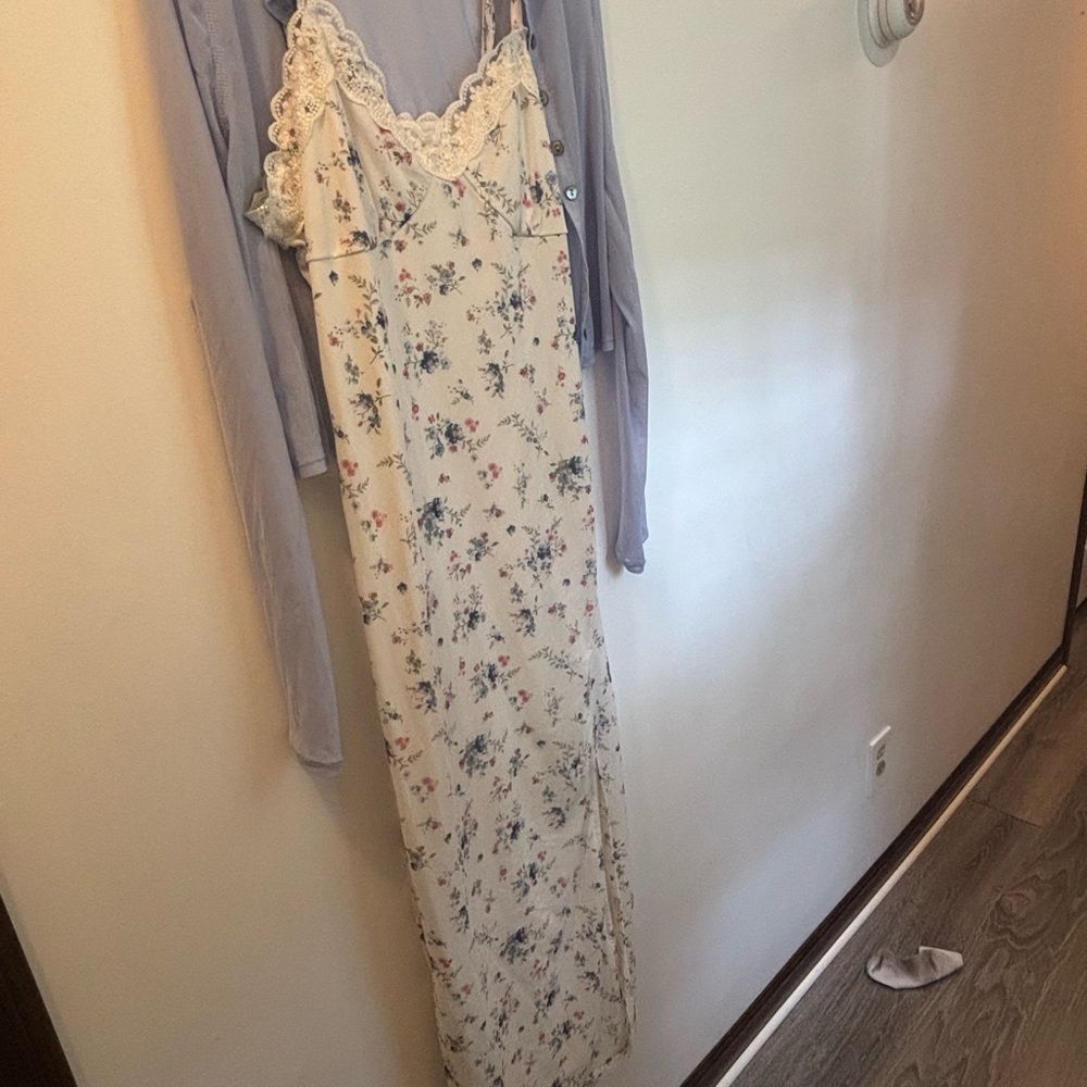 Floral Lace Trim Slip Dress with  sheer button-up blouse